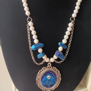 Blue and White Beaded Deathmoth Necklace
